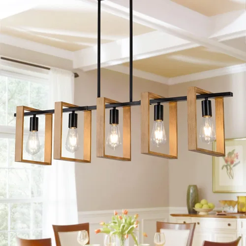 Miniatura 11 de Lámpara colgante de comedor de granja, para isla de cocina, rústica, 4 luces, madera y metal negro, lámpara rectangular para colgar en el techo