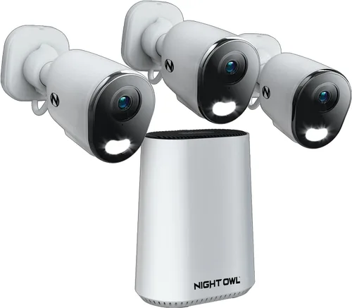 Night Owl Concentrador de seguridad para el hogar con Wi-Fi de 8 canales con (3) cámaras de foco Wi-Fi 2K HD para interiores y exteriores con audio