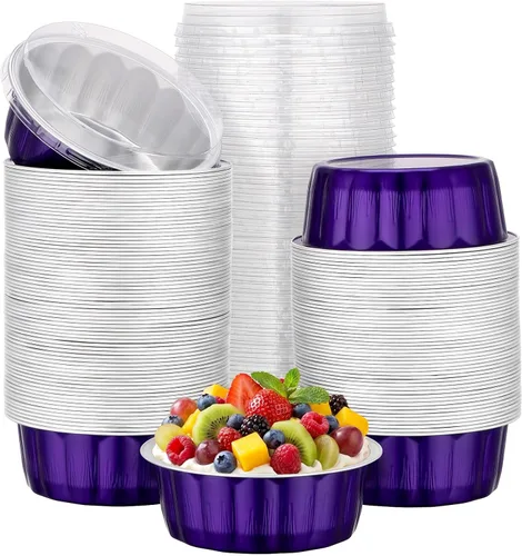 Miniatura 34 de Beasea Ramequines con tapas, 8oz 50 unidades de tazas de aluminio desechables para hornear, tazas de papel de aluminio plateado para creme brulee