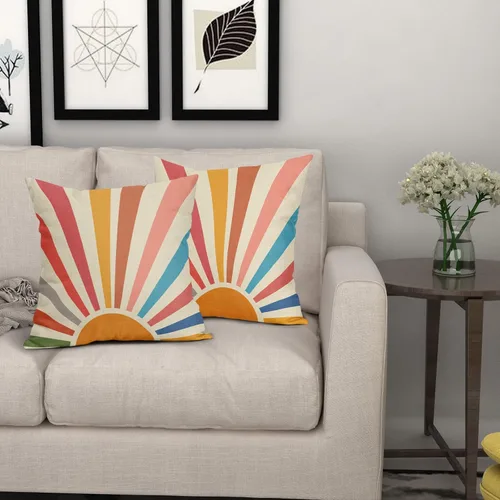 Miniatura 6 de Fundas de almohada boho con diseño de sol y atardecer 18x18, juego de 2 fundas de almohada decorativas de lino con arco iris y cierre