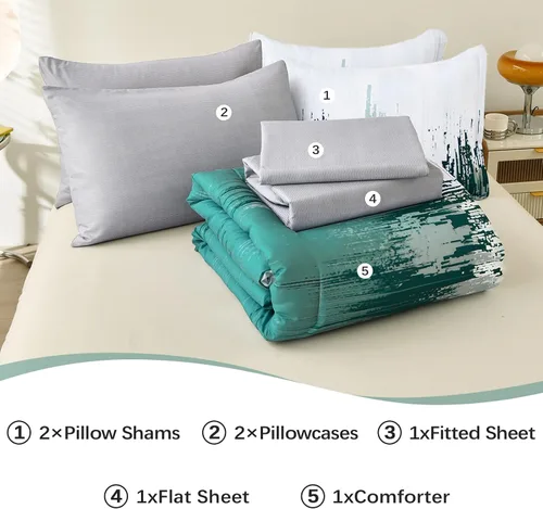 Miniatura 5 de WONGS BEDDING Juego de edredón Queen, Aqua 7 piezas cama en una bolsa arte abstracto colorido degradado juego de ropa de cama de microfibra, 1