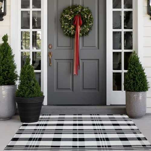 Alfombra decorativa, otoño, 3 pies x 5 pies, cuadros blancos y negros, interior, exterior, hola y bienvenida, tejidas, algodón, lavable a máquina,