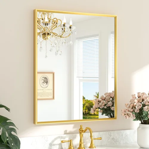 Miniatura 28 de TETOTE Espejo de Baño Dorado de 16" x 20" Latón Dorado Cepillado Rectangular con Marco Biselado Espejo de Tocador de Baño para Sobre el Lavabo