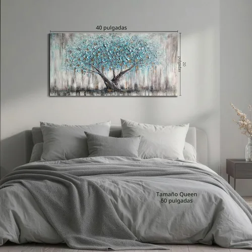 Miniatura 3 de Arjun Lienzo artístico para pared de árbol de la vida para sala de estar, pintura de árbol azul y verde azulado, 50% pintada a mano, imagen