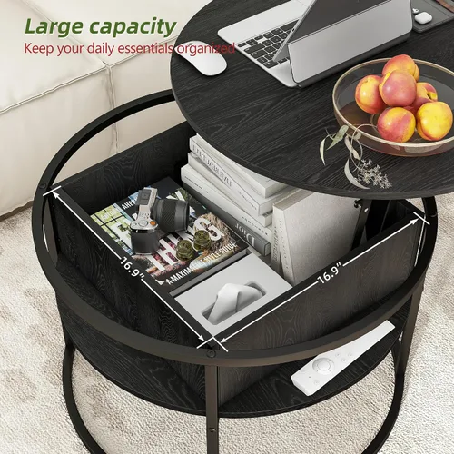 Miniatura 5 de HOJINLINERO Mesa de centro redonda elevable, con compartimento oculto de almacenamiento, decoración de mesa de centro de madera de granja