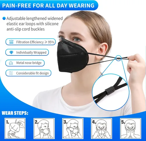Miniatura 5 de Paquete de 50 máscaras faciales de 5 capas envueltas individualmente, eficiencia de filtro ≥95% con cintas elásticas ajustables para las orejas