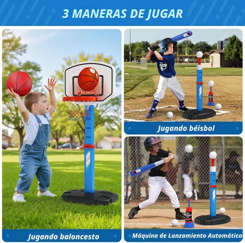 Miniatura 2 de HYES Juego de aro de baloncesto 2 en 1 y pelota en T para niños, altura ajustable, tee de béisbol para niños con máquina de lanzamiento automática