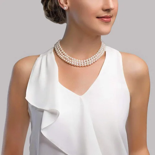 Miniatura 3 de Blanco Triple Strand Collar De Perlas Cultivadas De Agua Dulce, 181920" longitudCalidad AAAA