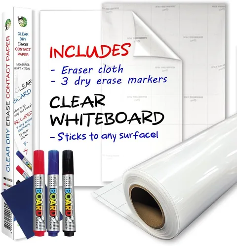 Hojas adhesivas transparentes en rollo para pared, de 18 x 78 pulgadas (6.5 pies), incluye 3 marcadores de borrado en seco, papel de tablón de