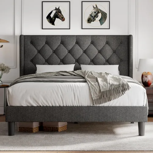 Miniatura 8 de iPormis - Base de cama tapizada de tamaño completo con cabecera capitonada con botones, base de cama tapizada con listones de madera sólidos, 20 cm