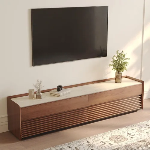 Miniatura 17 de POVISON Soporte de TV moderno de mediados de siglo totalmente ensamblado con luces LED ajustables, consola multimedia de madera, centro