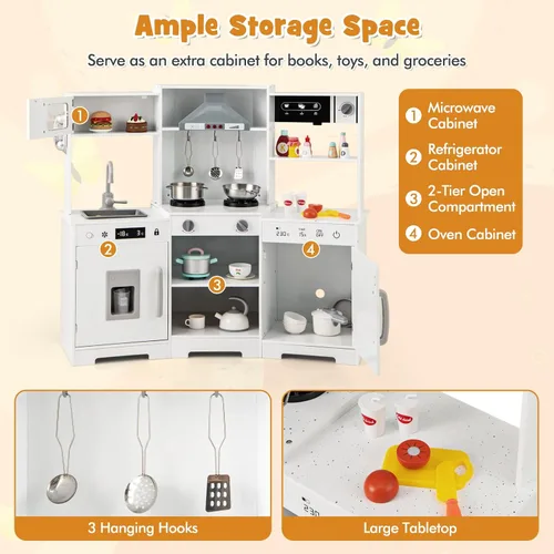 Miniatura 6 de HONEY JOY Juego de cocina de esquina para niños, juego de cocina de juguete de madera con luces y sonidos, campana extractora, máquina de hielo