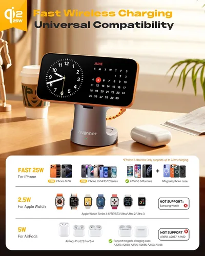 Miniatura 7 de Estación de carga 3 en 1 compatible con cargador MagSafe, cargador inalámbrico magnético Qi2.2 de 25 W con luz nocturna, soporte de carga plegable