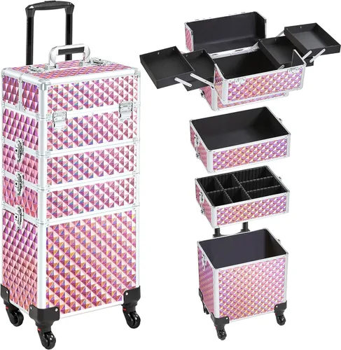 Yaheetech Estuche de maquillaje profesional de entrenamiento 4 en 1/carrito de cosméticos rodante/estuche organizador de maquillaje/estuche de viaje