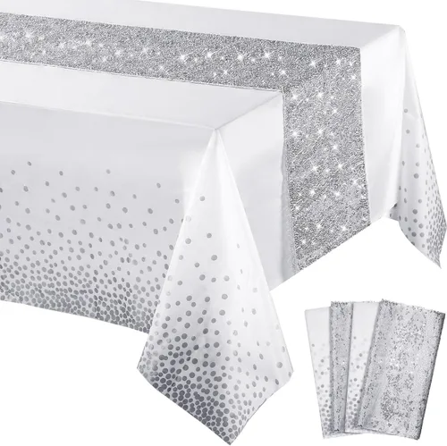 Miniatura 9 de Irenare Juego de Mantel y Camino de Mesa con Lentejuelas, Diseño de Lunares y Confeti, Cubierta de Mesa de Plástico con Purpurina, Decoraciones