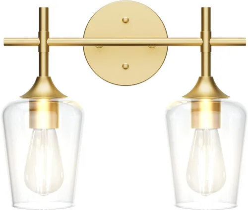 Ralbay Lámparas de baño doradas 2 luces con vidrio transparente, iluminación moderna de montaje en pared, iluminación industrial de granja, luces