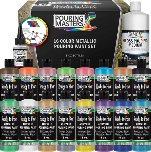 Pouring Masters - Juego de pintura acrílica metálica de 16 colores listos para verter con aceite de silicona y medio brillante, botellas de alto
