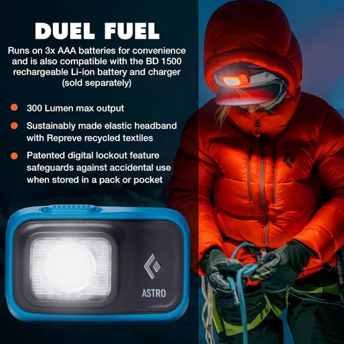 Miniatura 2 de BLACK DIAMOND Astro 300 - Linterna frontal de 300 lúmenes de brillo, funciona con 3 pilas AAA (incluidas), compacta y ligera, azul