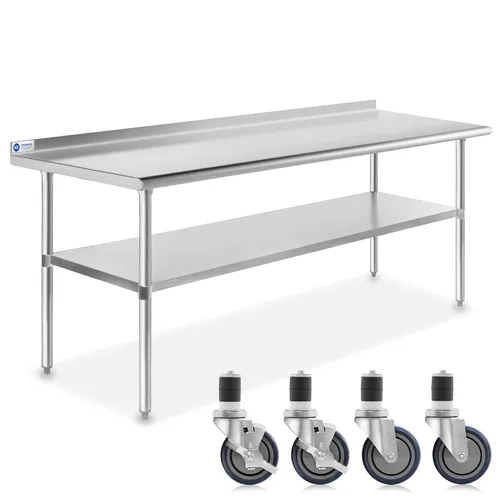 Miniatura 10 de Gridmann. Mesa de preparación y trabajo para cocina comercial, hecha en acero inoxidable con 4 ruedas con protectores contra salpicaduras. Varios