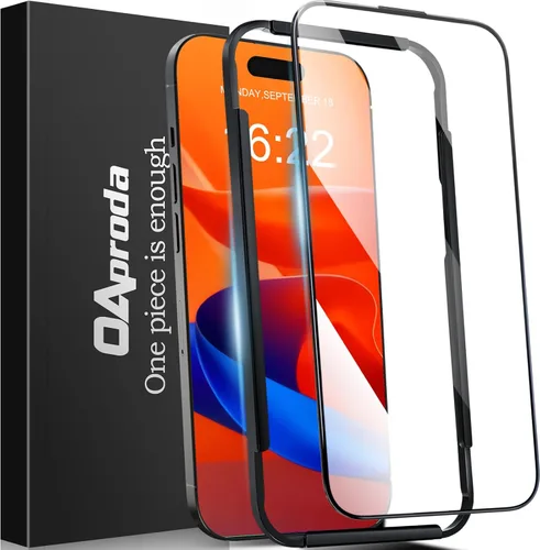 OAproda Protector de pantalla para iPhone 15 Pro Max, vidrio templado 9H+ de grado militar, protección inastillable de 12 pies, fácil instalación,