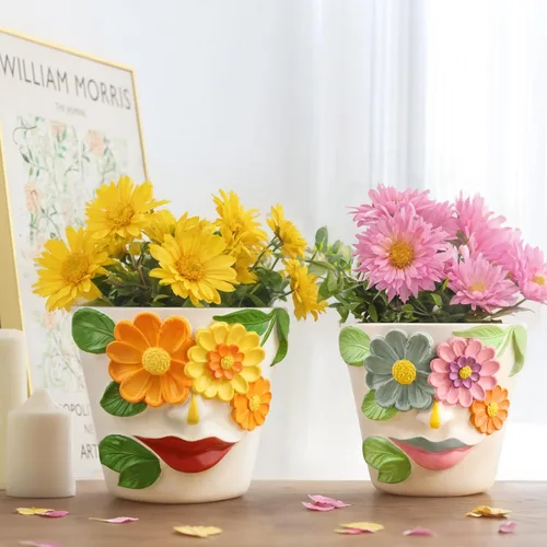 Miniatura 3 de GUGUGO Macetas únicas de cara para plantas, coloridas y lindas macetas para suculentas con drenaje, macetas abstractas de cabeza de arco iris