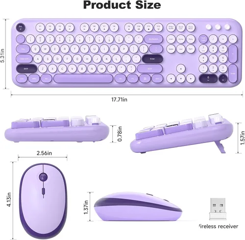 Miniatura 193 de KNOWSQT Combo de teclado y ratón inalámbrico, teclados lindos de tamaño completo estilo máquina de escribir 2.4G azul colorido - receptor USB Plug