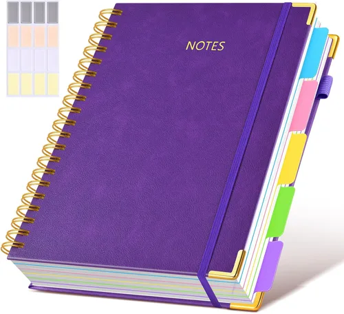 Miniatura 38 de Cuaderno universitario de espiral con tapa dura de cuero de 8 x 10 pulgadas, con pestañas separadoras extraíbles, para 5 materias, a rayas; diario