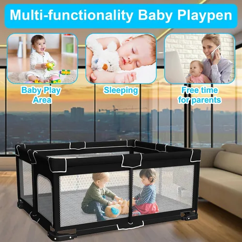Miniatura 6 de Grobeybees Corralito plegable para bebés con alfombra, corralito plegable grande para bebés y niños pequeños, corral de juegos plegable portátil