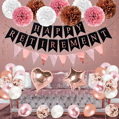 Miniatura 2 de Decoraciones de Fiesta de Jubilación Oro Rosa, 63 Piezas Decoraciones de Fiesta de Jubilación para Mujeres Pancarta de Feliz Jubilación Remolinos