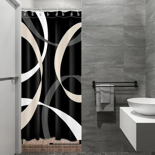 Miniatura 17 de LB Cortina de ducha abstracta rosa para baño, cortina de ducha de tela a rayas grises y blancas sobre fondo negro con ganchos, juego de cortinas