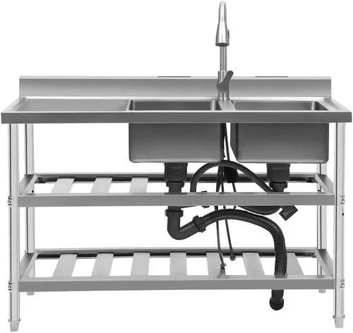 Fregadero de cocina comercial independiente de acero inoxidable 201 con 2 compartimentos, fregadero de cocina independiente de acero inoxidable 201