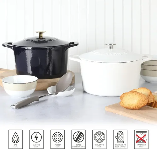 Miniatura 5 de MARTHA STEWART Gatwick - Olla holandesa de hierro fundido esmaltado de 7 cuartos de galón con tapa, color azul marino con perilla dorada, horno