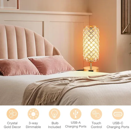 Miniatura 7 de Lámpara de mesa de cristal, lámpara dorada para dormitorio con puertos de carga USB-C y USB-A, luz regulable de 3 vías con pantalla de cristal