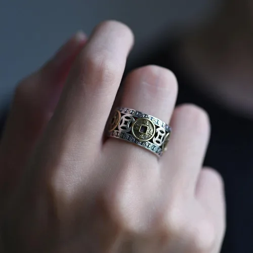 Miniatura 5 de Anillo de plata 925, anillo chino de la suerte con dinero antiguo, adecuado para joyas ajustables para hombres