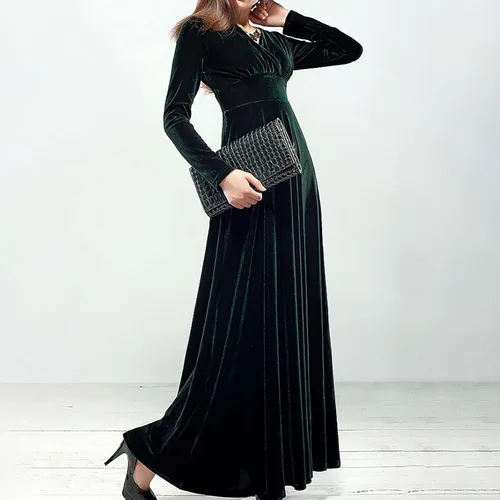 Miniatura 5 de SGASY Vestido largo de terciopelo elástico de manga larga con cuello en V para mujer, elegante vestido de cóctel con forro A