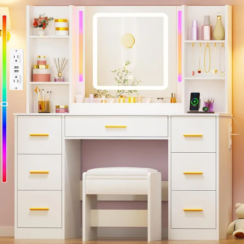 ANWBROAD UBDT96W - Escritorio de maquillaje con espejo y luces, mesa de tocador grande de 3 colores con 7 cajones y luces RGB, mesa de maquillaje