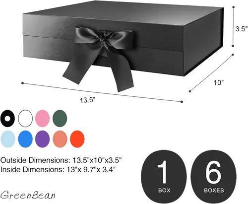 Miniatura 6 de GREEN BEAN Caja de regalo grande con tapa para regalo de 13 x 9.7 x 3.4 pulgadas, caja de regalo magnética negra para el día del padre con cinta