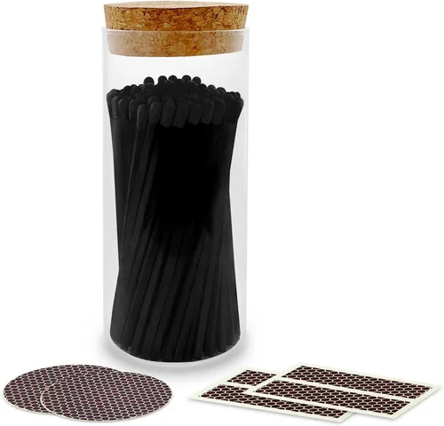 Miniatura 15 de 4" Fósforos Todos Negros en un Frasco + Adhesivos de Mechero Incluidos 100 Fósforos Negros con Punta Negra Decorativos y Seguros con Soporte