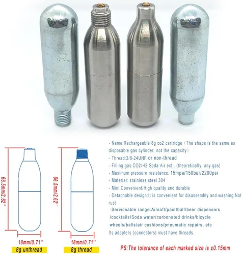 Miniatura 8 de Cartuchos de CO2 recargables de 0.28 oz, cartuchos de CO2 Tanque de CO2 de acero recargable de 0.28 oz de alta calidad para pistolas de Airsoft