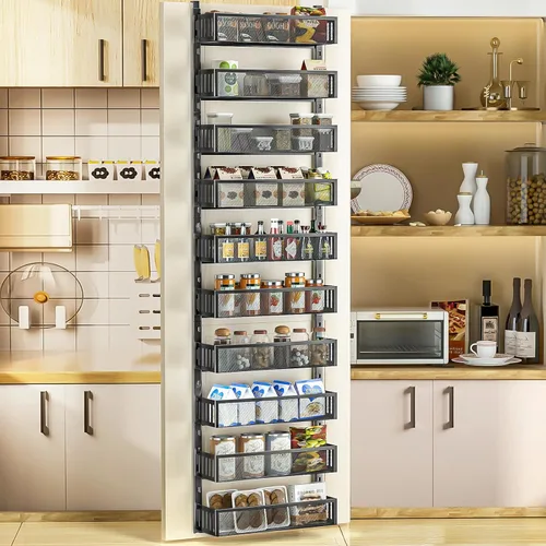 Organizador de despensa de 10 niveles sobre la puerta con cestas de malla, estante colgante para especias ajustable y estable para cocina, baño,