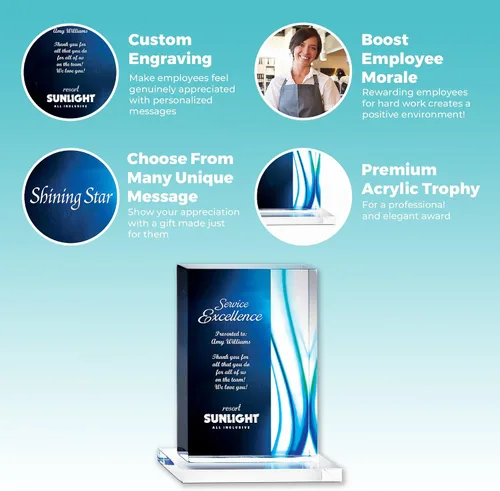 Miniatura 2 de Trofeo grabado – Acrílico azul – Forma rectangular – Acentos de rayas de colores – Grabado personalizado – Premio para empleados Rectángulo