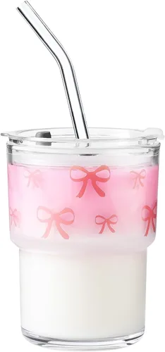 Miniatura 9 de Olvini Vaso de vidrio de 13 onzas con popote y tapa, vaso reutilizable para café helado, bonitas tazas de vidrio para agua, matcha, tazas de café