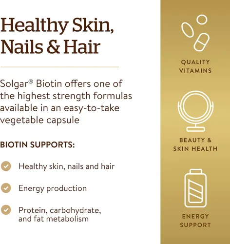 Miniatura 4 de Solgar Biotina 10,000 mcg, 60 cápsulas vegetales – Energía, metabolismo, promueve una piel sana, uñas y cabello – Super alta potencia – Sin OMG