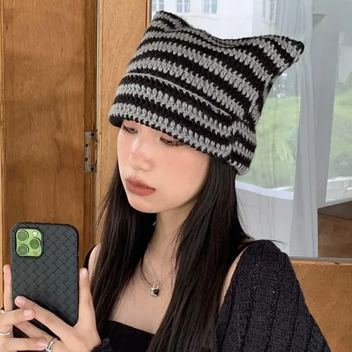 Miniatura 6 de Lindo gorro de punto para mujer, suéter de lana cálida para otoño e invierno con protección para orejas de gato