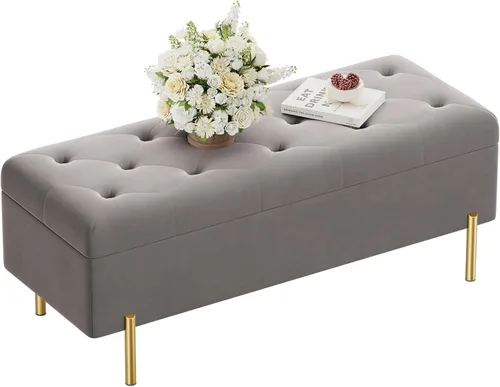Miniatura 10 de Banco otomano con almacenamiento, banco de almacenamiento tapizado copetudo para dormitorio, sala de estar, piel sintética, largo, otomano, marrón