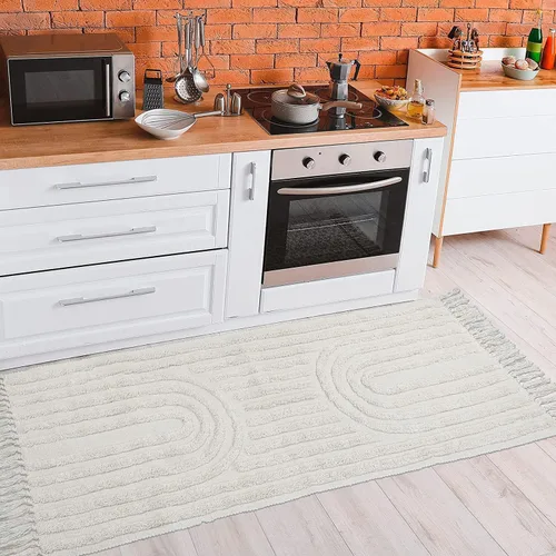Miniatura 4 de LEEVAN - Alfombra de camino estilo bohemio lavable 2 x 5 pies, tejida en color beige, de algodón para cocina rústica con borlas, alfombra de acento