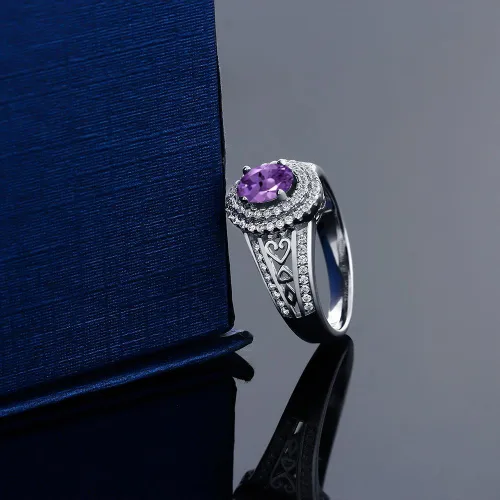 Miniatura 70 de Anillo de compromiso con halo de piedra preciosa y piedra natal en plata chapada en oro amarillo de 18 quilates, ovalado, 0.236 x 0.157 pulgadas