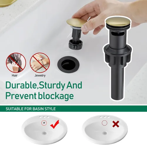 Miniatura 4 de VOTON - Grifo de fregadero de baño de oro cepillado con una sola manija y desagüe desplegable para lavabo de 1 agujero o 3 agujeros con placa