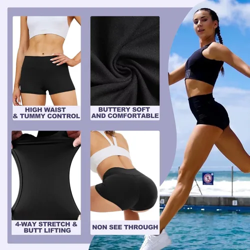 Miniatura 3 de HIGHDAYS Paquete de 2 pantalones cortos de elastano para mujer, 3 pulgadas de cintura alta, pantalones cortos de gimnasio suaves para yoga, baile