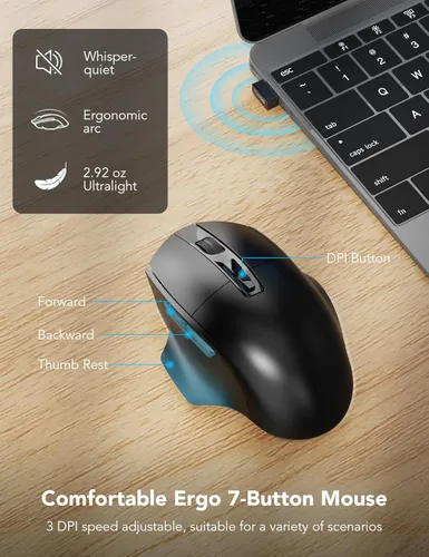 Miniatura 6 de Combo de teclado y mouse inalámbricos – Tecla de onda ergonómica, reposa muñecas de cuero suave incorporado, 2.4G de tamaño completo, 8 teclas